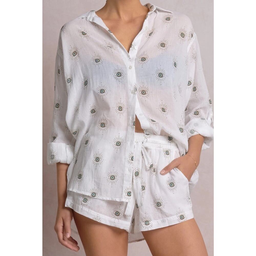 Elan Cotton Evil Eye Print Point Collar Long Sleeve Button Front Shirt. Size S - Picture 2 of 10